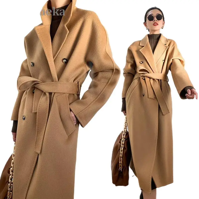 

Winter Water Ripple Cashmere Long Coat Women Autumn Loose Double Breasted Trench Overcoats Female Luxury Warm Wool Max Jackets