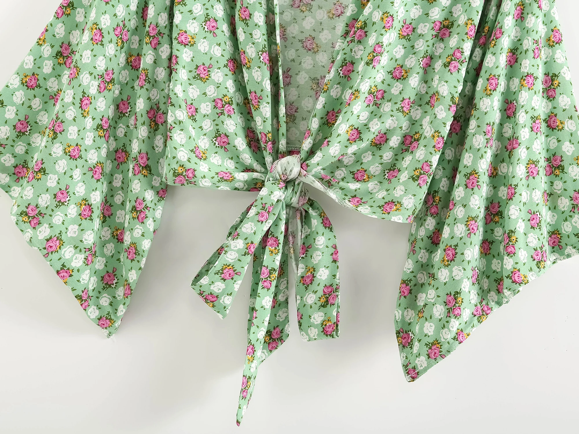 보호 그린 꽃무늬 프린트 여름 커버 업, 레이온 코튼 보우 타이, 보헤미안 비치 웨어 랩 기모노 가디건, 여성 블라우스 상의