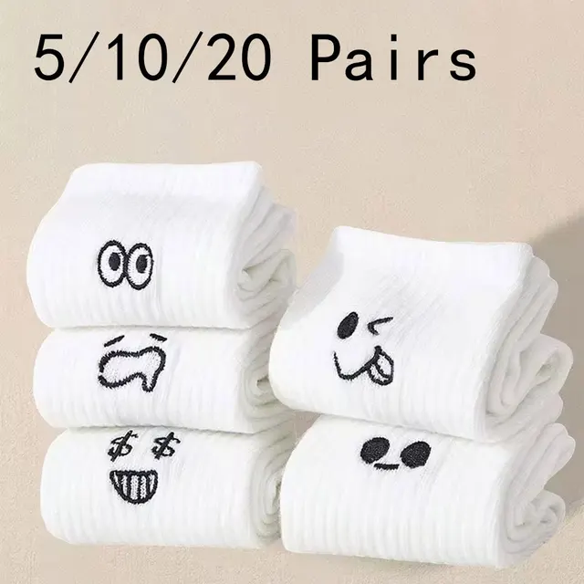 5/10/20 paires hommes blanc dessin animé chaussettes à la mode polyvalent Expression chaussettes avec Simple doux respirant confortable chaussettes décontractées 1