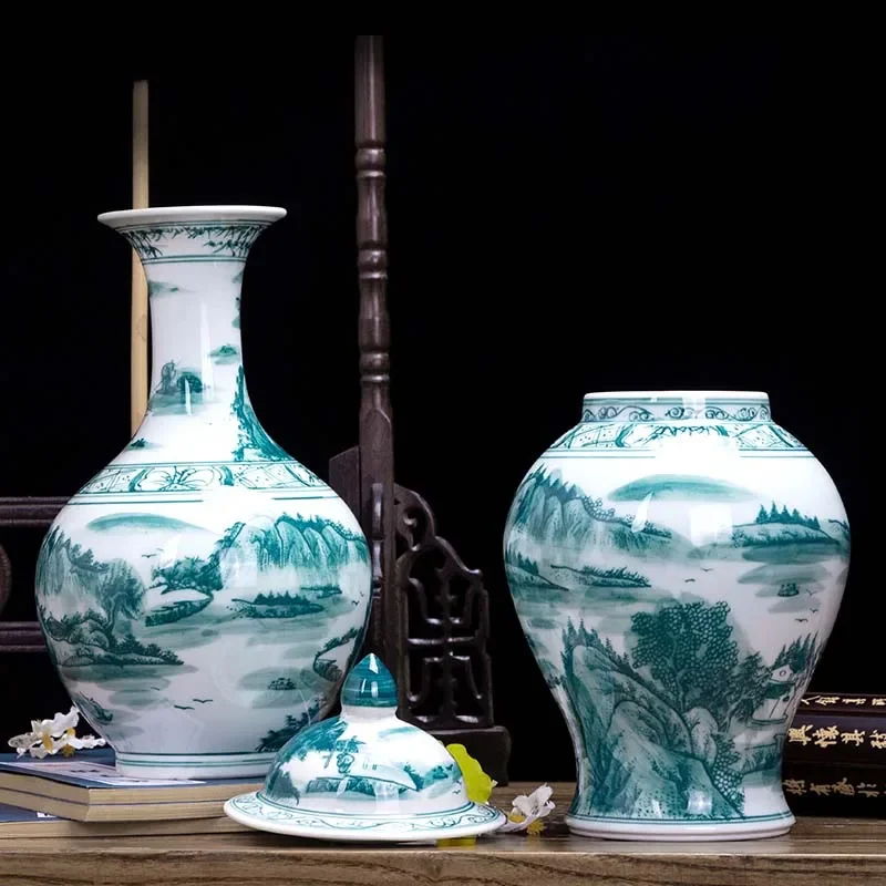 Jingdezhen Ceramics Green and White Ginger Jar with Lid Vase Decoration Living Room Ginger Jar Chinese Home Porch Cabinet Decor 5