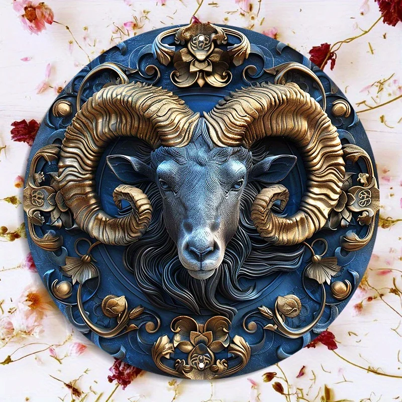 Wasserdichte Aluminium aries Ram Metall Wand kunst, runde HD-Druck wetterfeste Tür hänger strukturierte Schaf Dekor Zeichen hohe Qualität – Detail 15