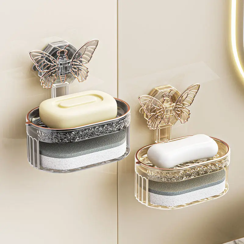 

Butterfly Sucker Soap Dish Household Wall Mounted Perforated Free Double-layer Drainage Soap Box Sponge Bathroom Shelf Soap Rack