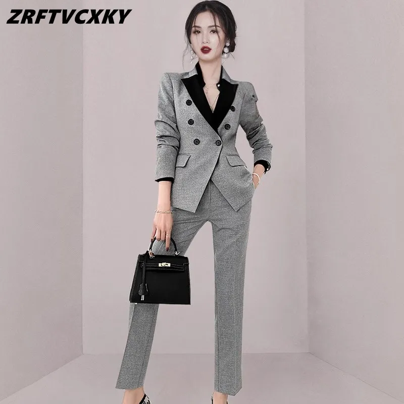 

Korean Women Office 2 Pieces Set Autumn Fashion Double Breasted Slim Contrast Coat+High Waist Pants Suit Ladies Business Sets