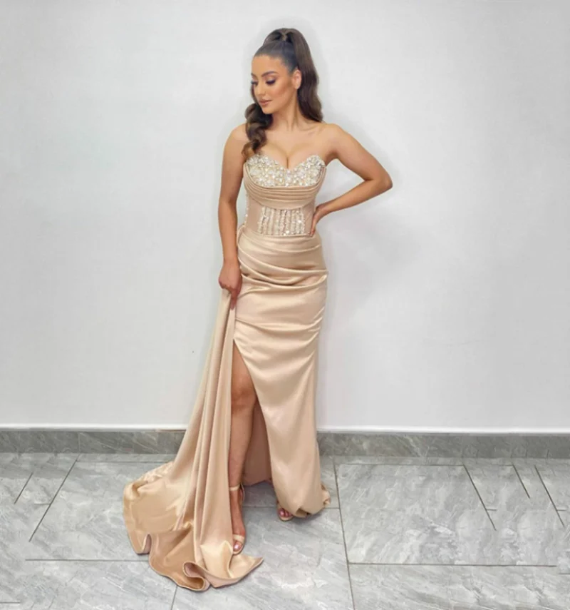 

Champagne Mermaid Sequin Beaded Evening Dress V-neck Off Shoulder Side Split Satin Porm Dresses For Women فساتين مناسبة رسمية