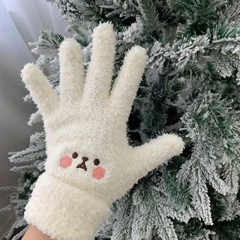 Adorable Gloves Portable Winter Gloves Cute Soft Fluffy Plush Winter Gloves Cartoon Bear Winter Warm Full Finger Gloves