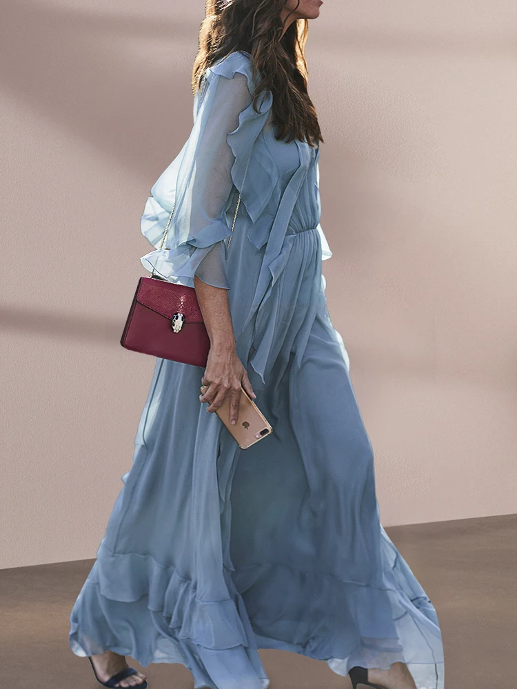

Women's Long-Sleeved Chiffon Dress 2023 New High-End Blue Ruffled V-Neck Belt Fashion Long Dress Free Shipping