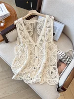 Large Size Knitted Hollow out Hook Flower Vest Thin Pure Color Button Outerwear Tank Top Faionable Svel Top oulder Pad