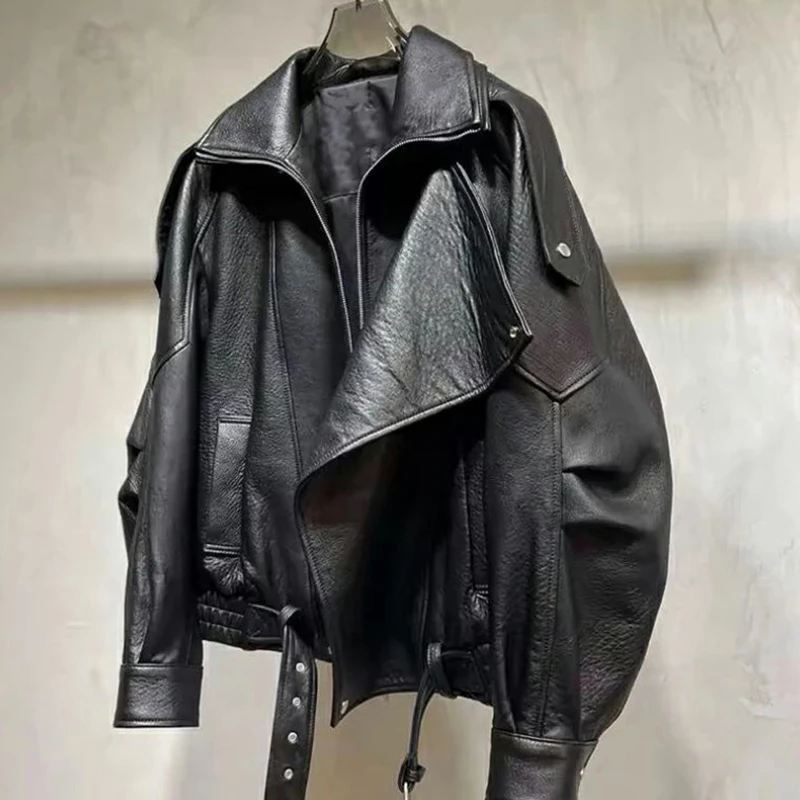 Spring Autumn Oversized Pu Leather Jacket Women Long Sleeve Zip Up Luxury Designer Retro Clothing Chic Street Locomotive Outwear