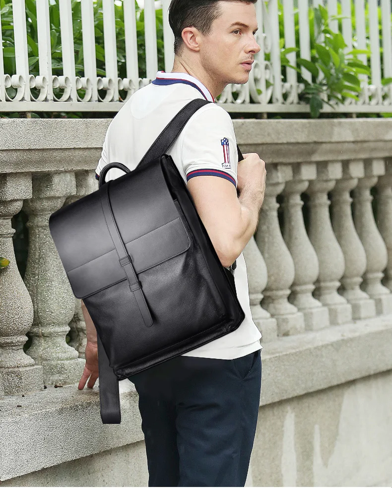 حقيبة ظهر عصرية من جلد البقر الطبيعي متعددة الاستخدامات للرجال، حقيبة أعمال أنيقة بحمالتين للكتف باللون الأسود