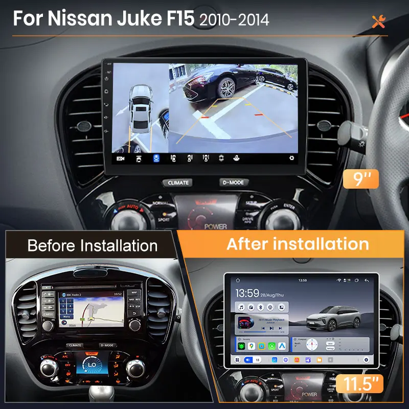 AWESAFE Radio Android de 9 pulgadas para Nissan Juke YF15 2010-2014, CarPlay inalámbrico y Android Auto, navegación GPS, soporte multimedia, control del volante, amplificador de subwoofer, cámara trasera, Plug and Play, DAB+, autorradio digital, radio de coche 2 DIN, estéreo, RDS, DSP, FM, WIFI 2