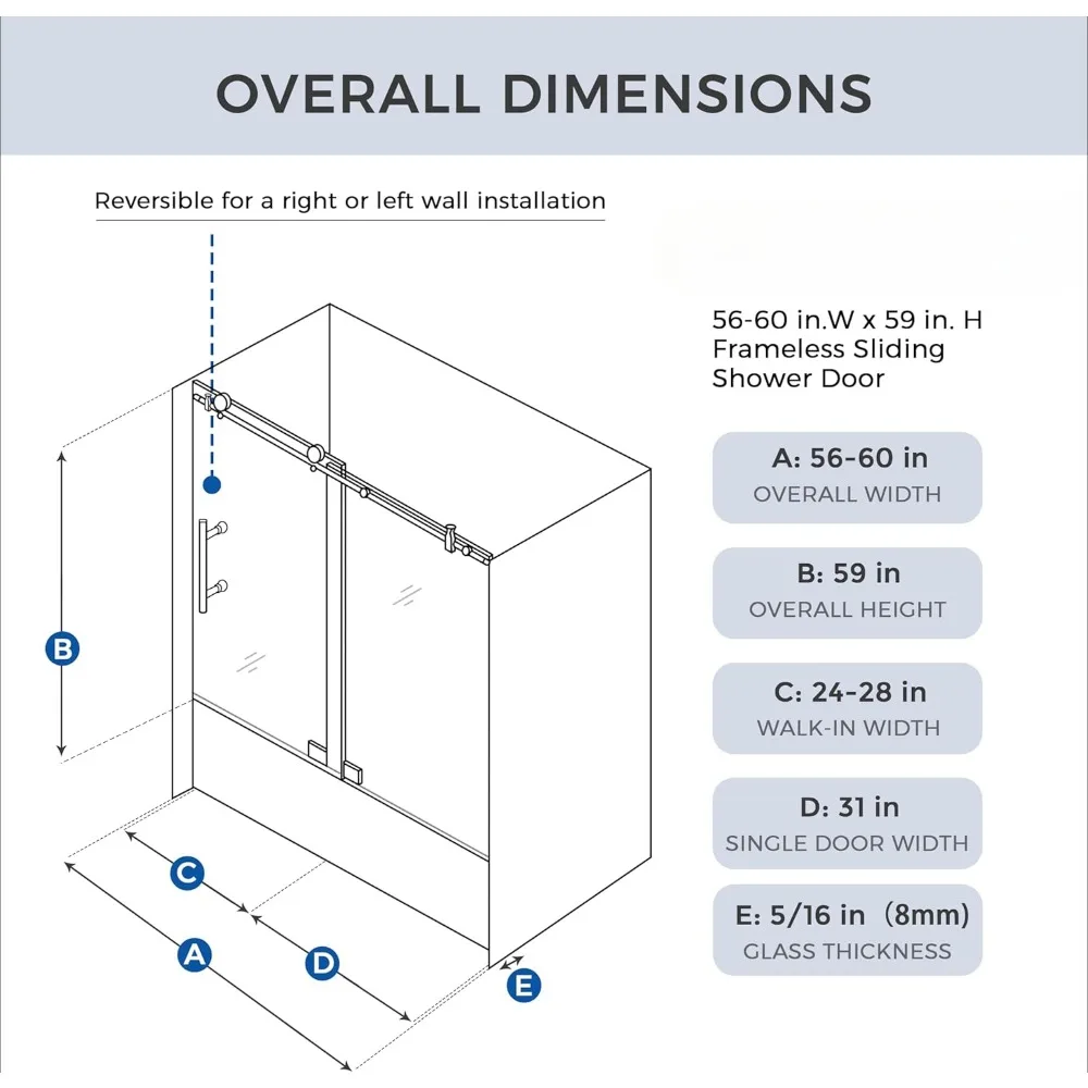 56-60" W x 59" H Frameless Sliding Bathtub Door,Tub Shower Door,Bathtub Shower Door, 5/16" (8mm)Clear Tempered Glass,Matte Black 3