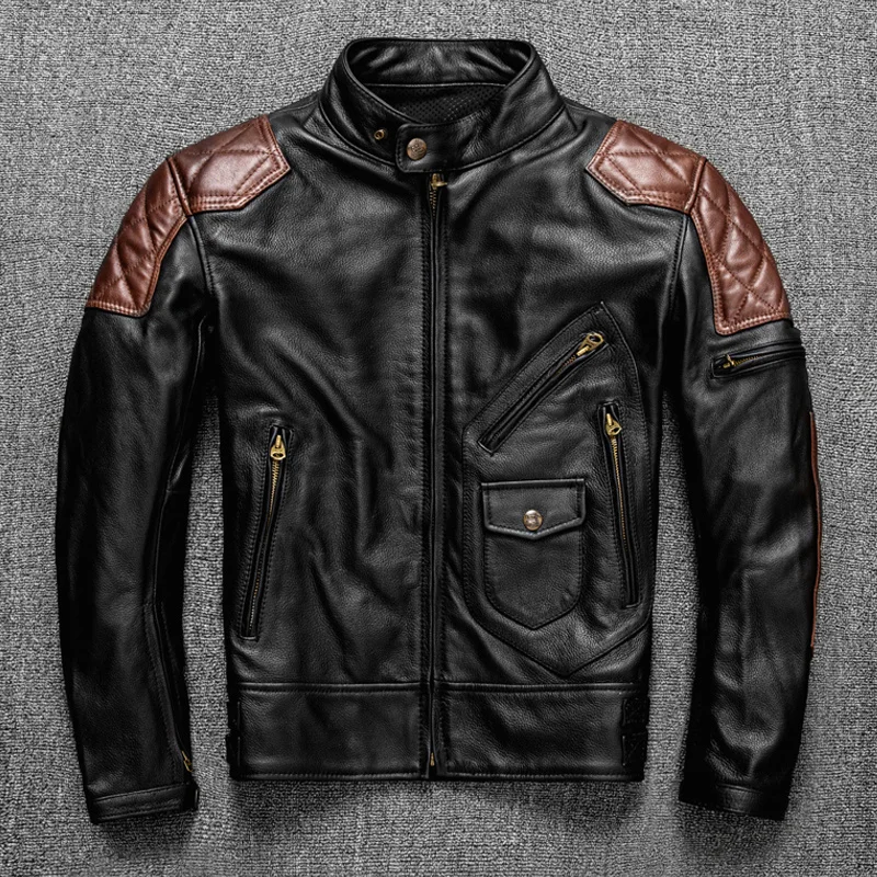 

2023 NEW Motorcycle Cowhide Leather Jacket Men's Natural Genuine Clothes Protective Equipment Biker Slim Men Coat