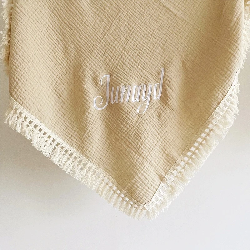 Custom Name Muslin Swaddle Fringe Cotton Baby Blanket Baby Shower Gift