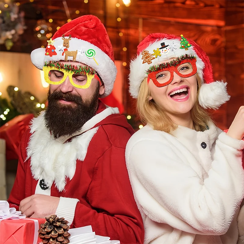 Christmas Cartoon Glasses, Festive Party Photo Props, Red And Green Striped Frames, Holiday Theme Decorations