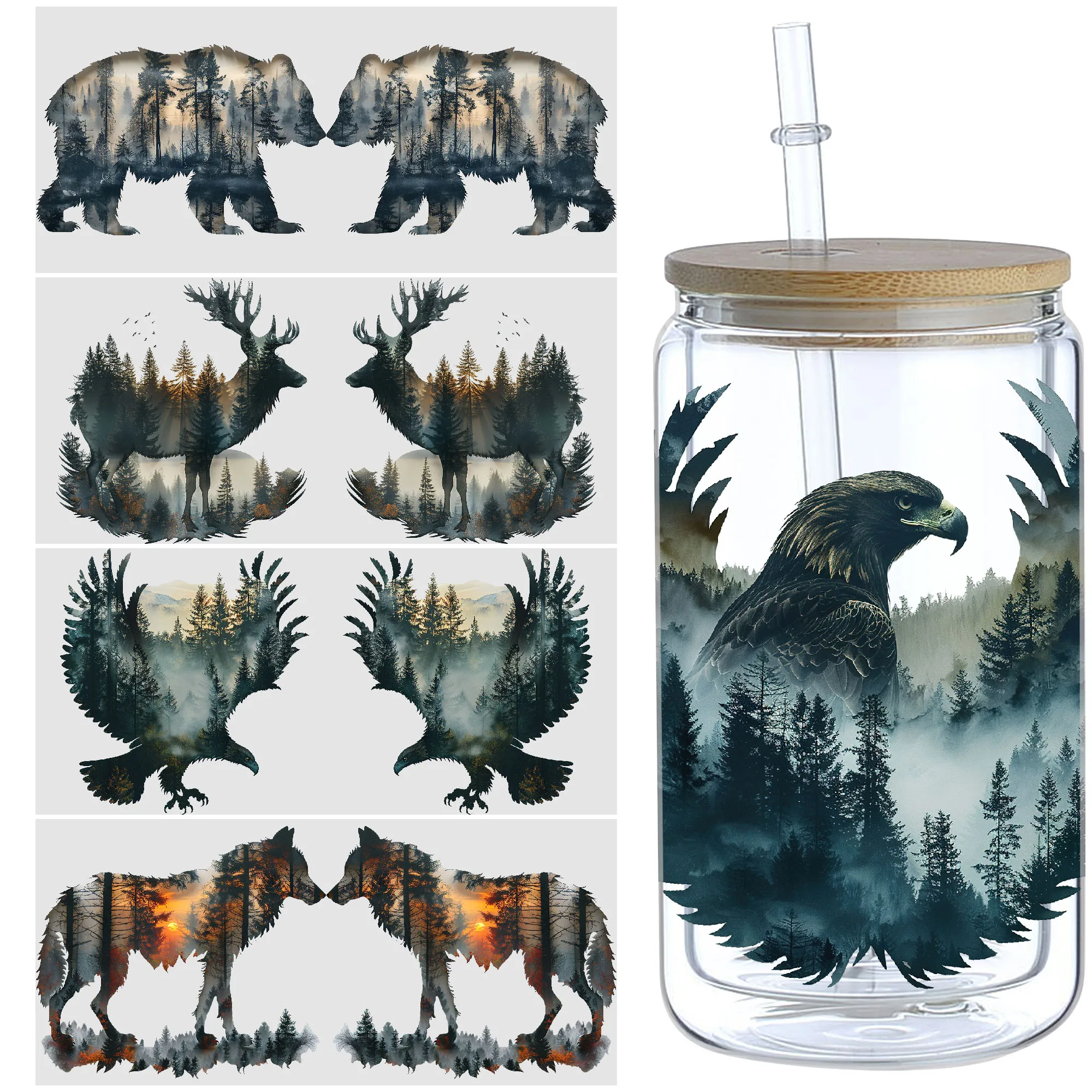 5 Sheets Animal Forest UV DTF Tumbler Stickers, DTF Transfer Stickers, Waterproof Wipeable Transfer Stickers for 16oz Tumblers