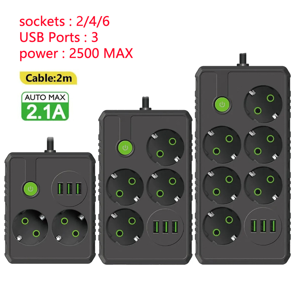 EU Plug Outlet 2/4/6 Sockets Multitap Power Strip Electrical Socket 2m Extension Cord with 3 USB Ports 2500W MAX Power 1 Switch