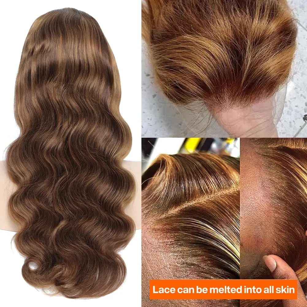 34 Inch Honey Blonde Ombre 13x4 Lace Front Wigs Human Hair Pre Plucked with Baby Hair 250% Density 4/27 Highlight Colored 4