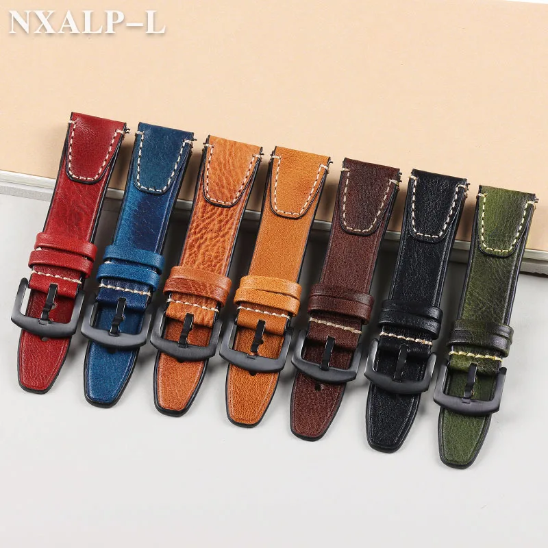 Vintage Genuine Leather Watch Band with Stitching - Retro Cowhide Quick Release Strap