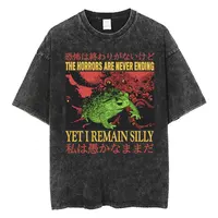 The Horrors Are Never Ending Yet I Remain Silly T-shirt Funny Japanese Style Frog Retro Washed T Shirt Men's Oversized Tees Tops 1