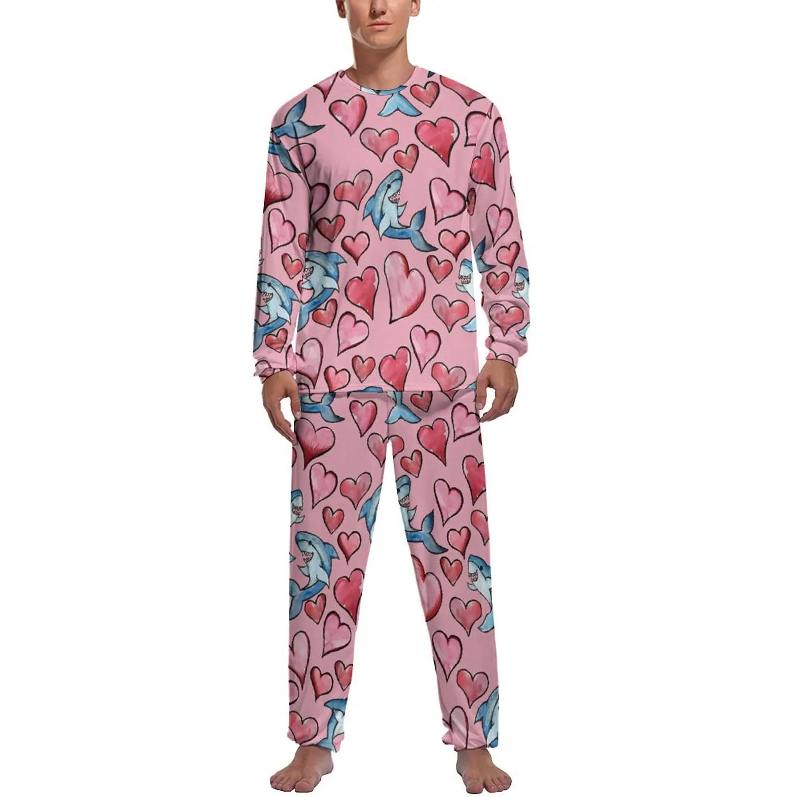 Pijamas de tiburón marino con estampado animal para hombre, conjuntos de pijamas encantadores de manga larga, dos piezas, ropa de dormir con patrón de otoño para el tiempo libre, regalo
