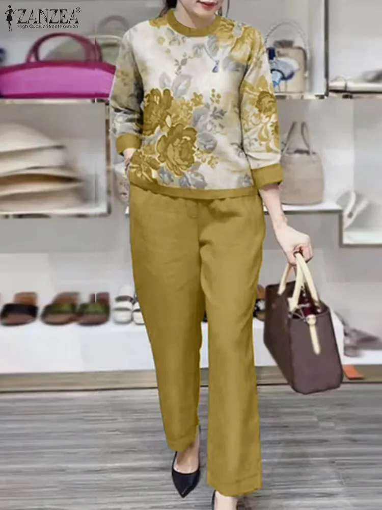 

Модный офисный костюм ZANZEA, Женская туника с круглым вырезом и принтом, топы, свободные брюки, женские элегантные праздничные спортивные костюмы из 2 предметов, Ovesized 2024