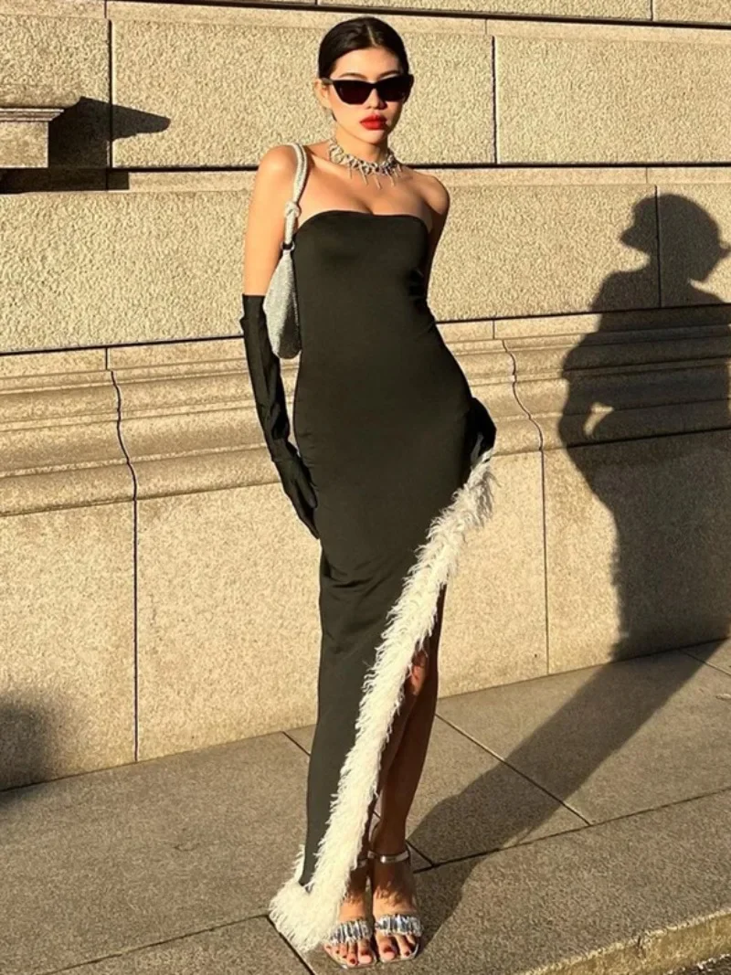 

Elegant Fur Patchwork High Slit Sleeveless Evening Dress 2024 Woman Strapless High Waist Bodycon Long Party Dresses with Gloves