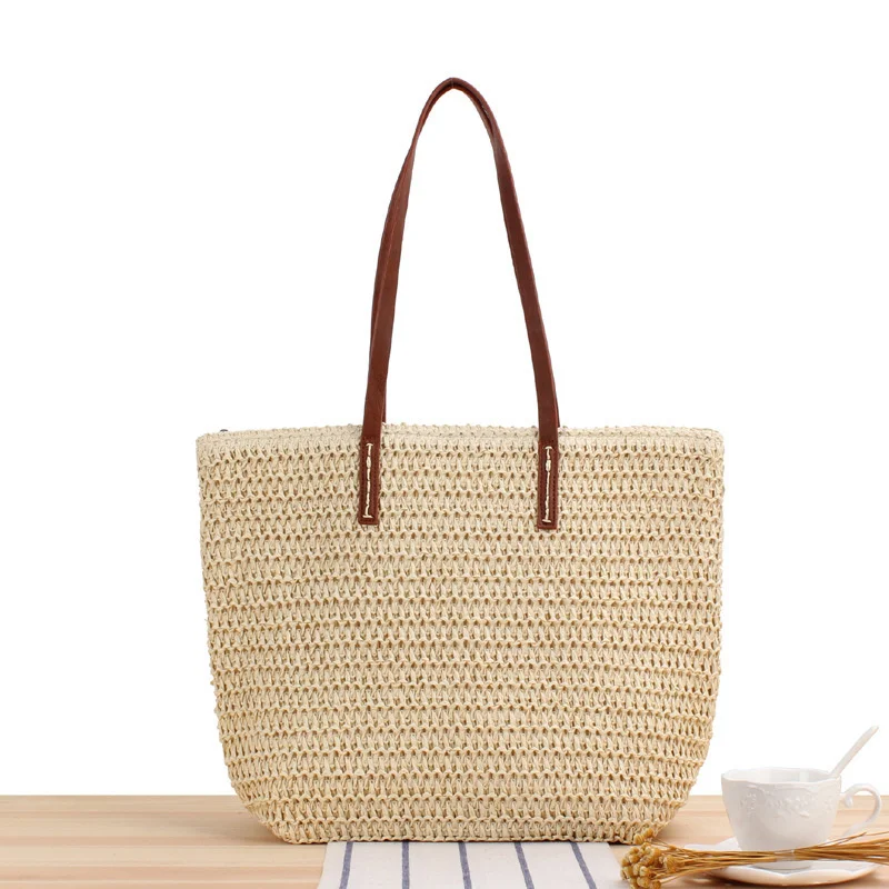 Handmade Woven Straw Bag Minimalist Style Shoulder Bag Seaside Vacation Beach Bag Fashionable Commuting Bag Casual