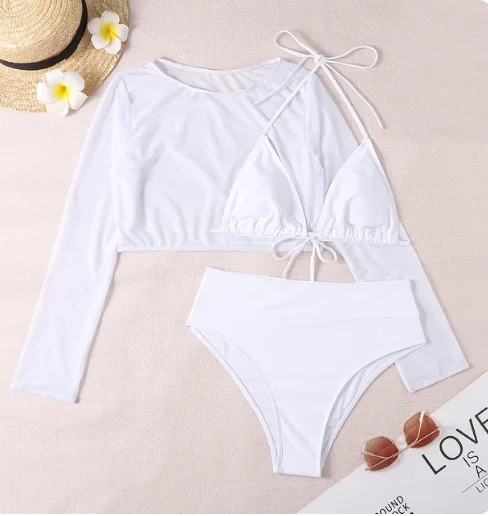 

2024 New 3 Pieces Set Swimsuit Women Thong Swimwear Sexy High Waist Bikini Set With Sarong Skirt White Beachwear Bathing Suit