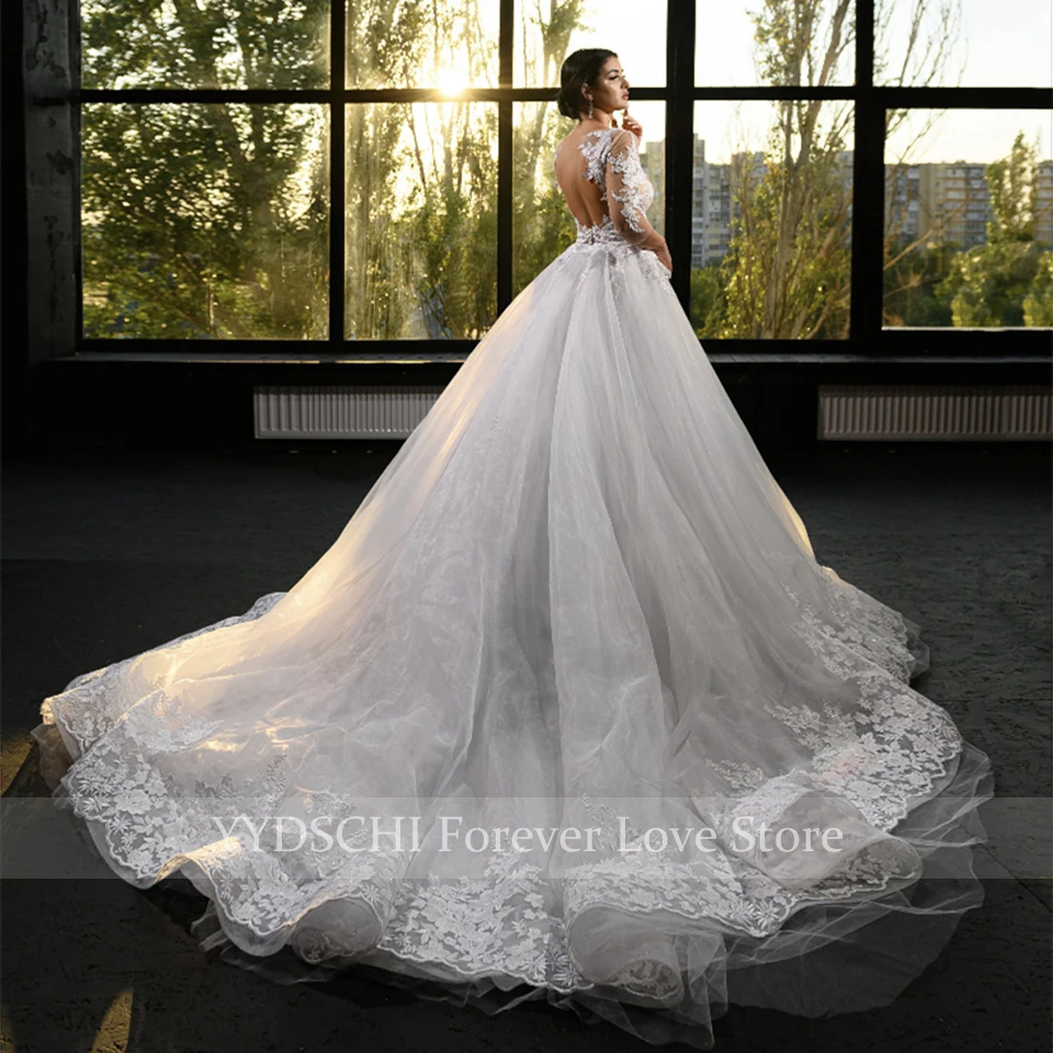Elegante Brautkleider mit offenem Rücken und Spitzenapplikationen 2026 Prinzessin 3/4 Ärmel Rückenfreie Brautkleider mit Schleppe Vestidos De Novia – Detail 5