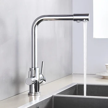 2025 Nuovo rubinetto da cucina con acqua pura cromata Gru con filtro per acqua pura Doppia maniglia Rubinetto miscelatore acqua calda e fredda 1