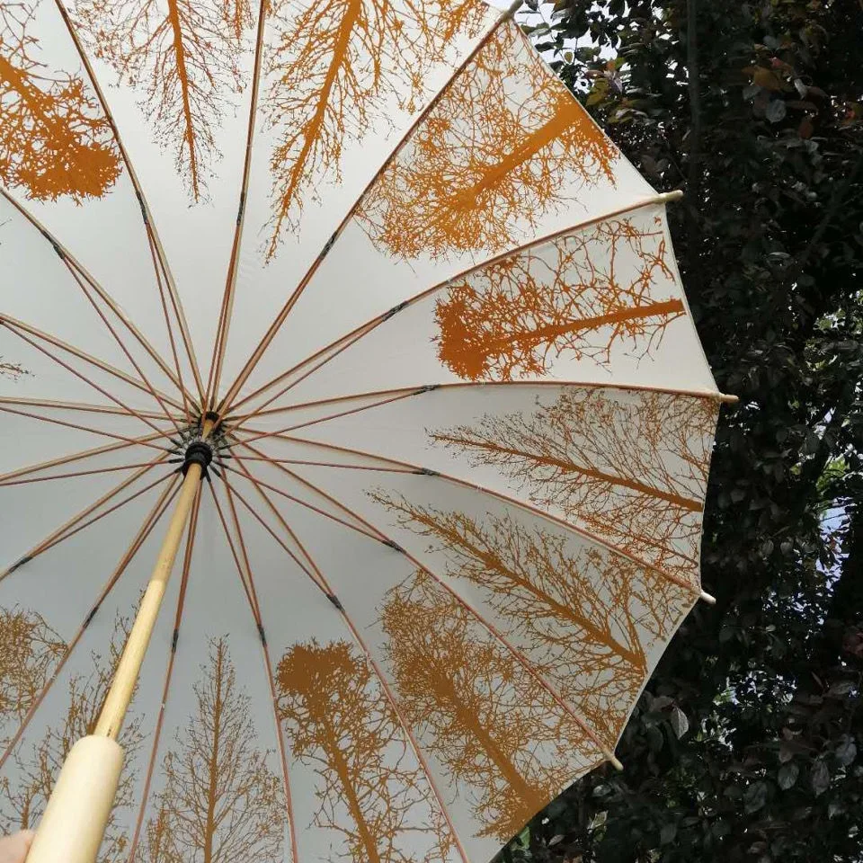 16 Bone Clear Umbrella National Style Retro Art Small Fresh Long Handle Wooden Windproof Sunscreen Black Adhesive