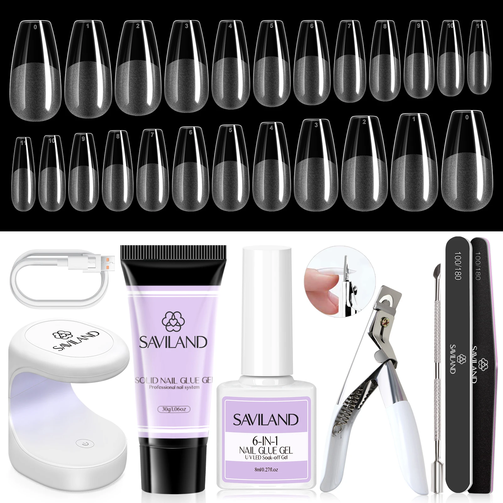 thumbnail image 1 of Kit de uñas Saviland Gel X Nail, 30 g de pegamento sólido para uñas con 500 puntas para uñas, lámpara UV LED para uñas, gel adhesivo de larga duración para uñas a presión, 1 of 5