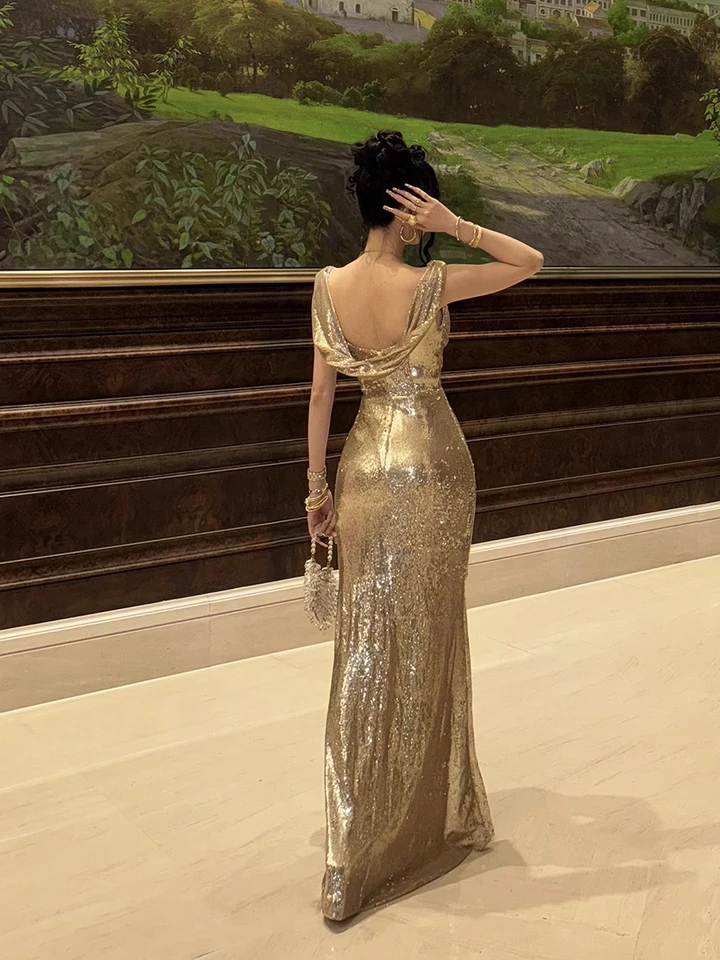 chinese dress ladies Tight Long Prom Dress with Back Drape Kelly / Large main image 1