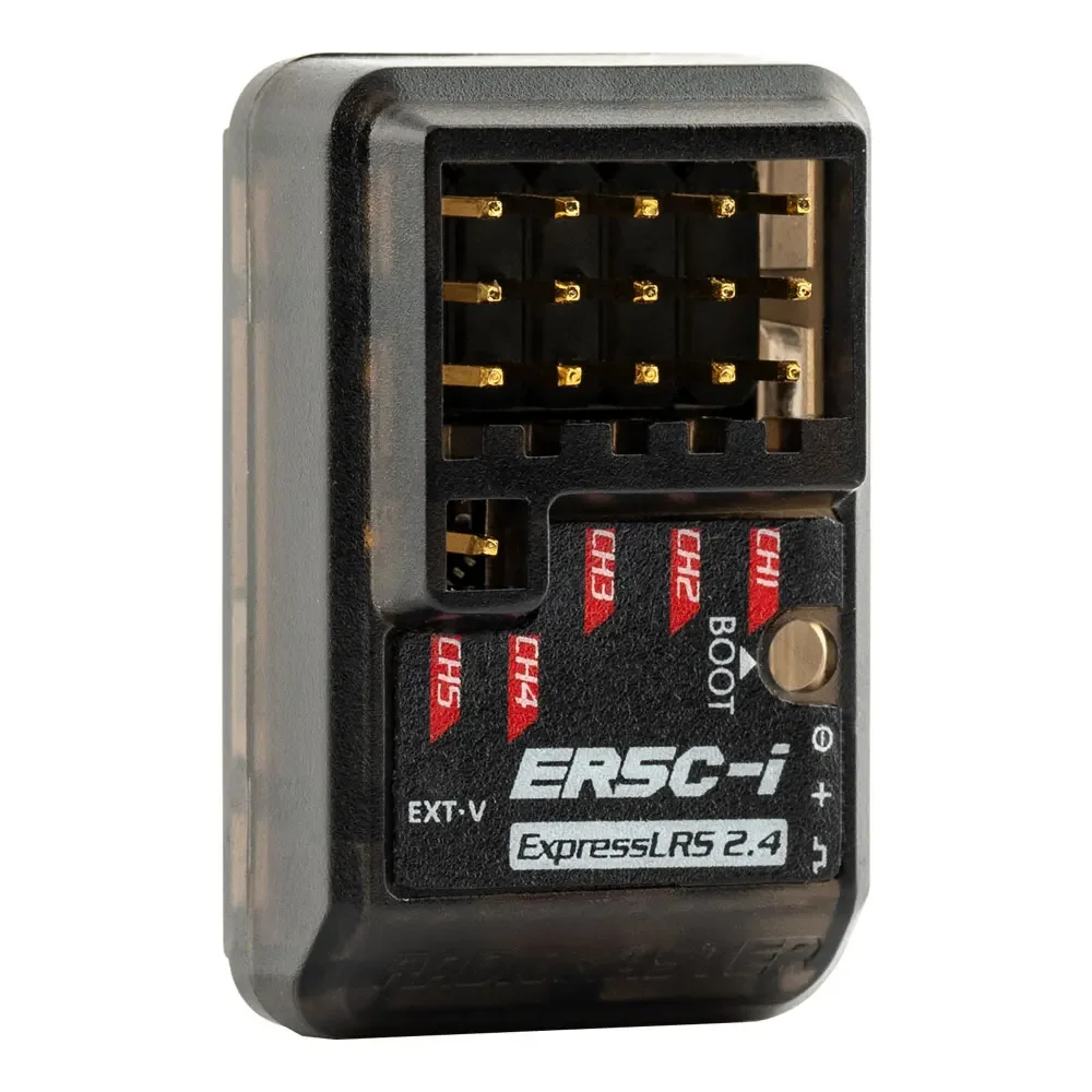 Vue latérale du récepteur ELRS ER5C-i montrant les ports de sortie pour modèles RC