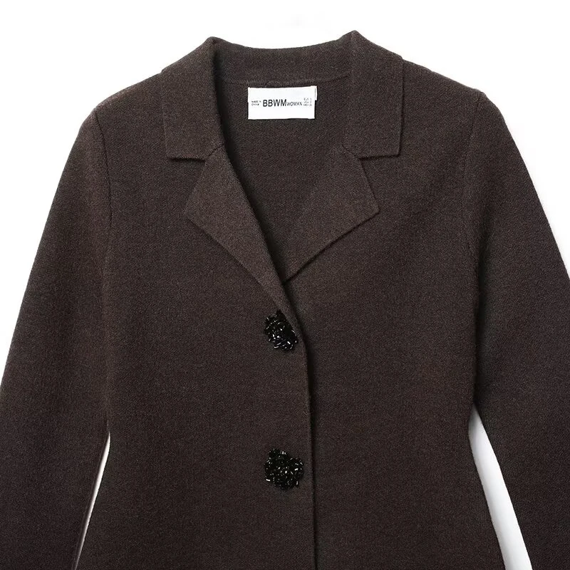 Women's Knitted Blazer Jacket Chic Elegant Jewelry Buttons Blazers For Women Autumn Winter Casual Long Sleeve Suit Coat