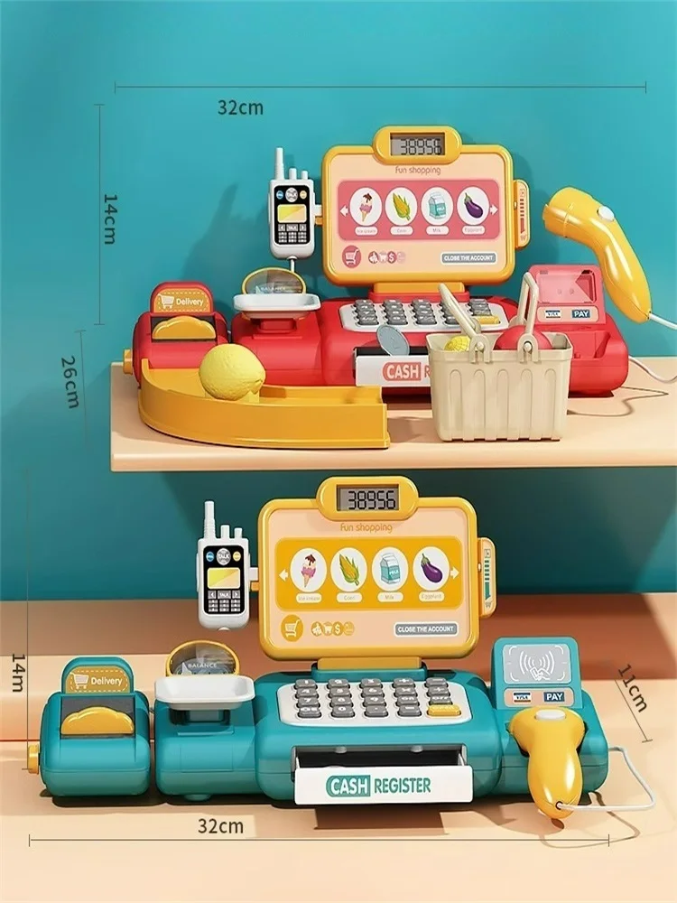 63PCS Cash Register Toy Playset for Gift for Girls Boy Pretend Play Money Kids Calculator Cash Register with Scanner Play Food 6