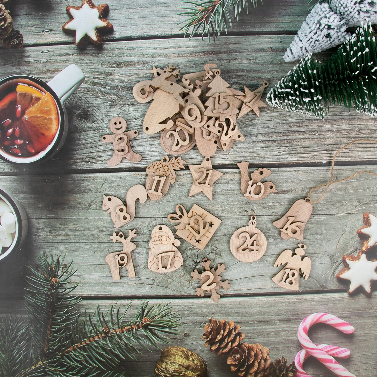 Wooden Advent Calendar Number Ornaments - Festive Countdown Decorations