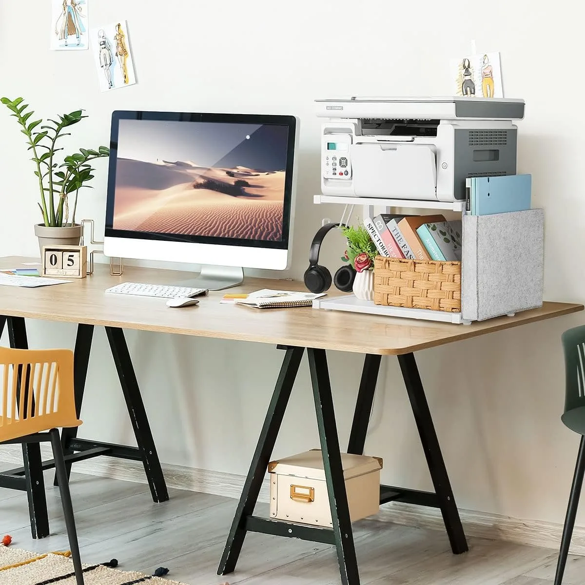 Printer Stand Under Desk Printer Table with Wheels 2 Tier Small Cart with Storage Bag Desktop White Stands