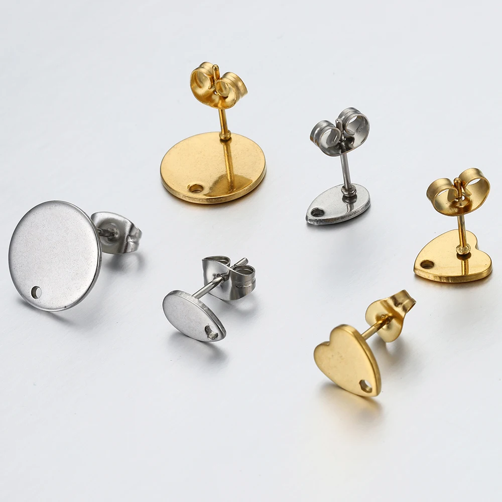 Gold Color Stainless Steel Blank Earring Studs Base Pins With Earring Plug Ear Back For DIY Jewelry Making Findings 10pcs/lot