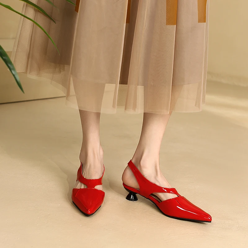 Plus Size Glossy Patent Leather Pointed Low Heeled Side Hollowed Out Casual Sandals Round Heeled Sewing Office Women's Shoes