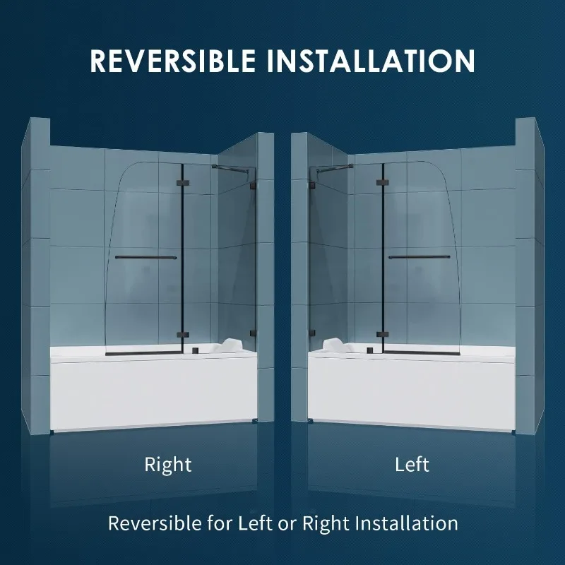 SUNNY SHOWER Frameless Shower Door for Bathtub,Hinged Tub Screen,Tempered Glass Tub Door,48" W x 58" H,Black Finish 3