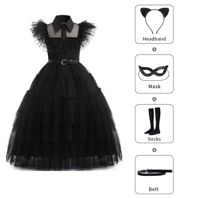 

Girls Dresses Wednesday Cosplay Costume Addams Black Dress Kids Girls Gothic Witch Party Gown Vestidos Halloween Carnival 3-10Yr
