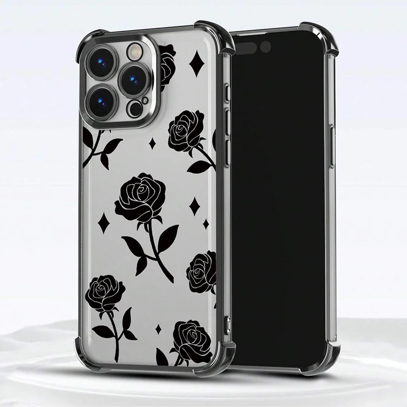 Sleek Black Rose Electroplated Transparent Phone Case with Airbag Cushioning