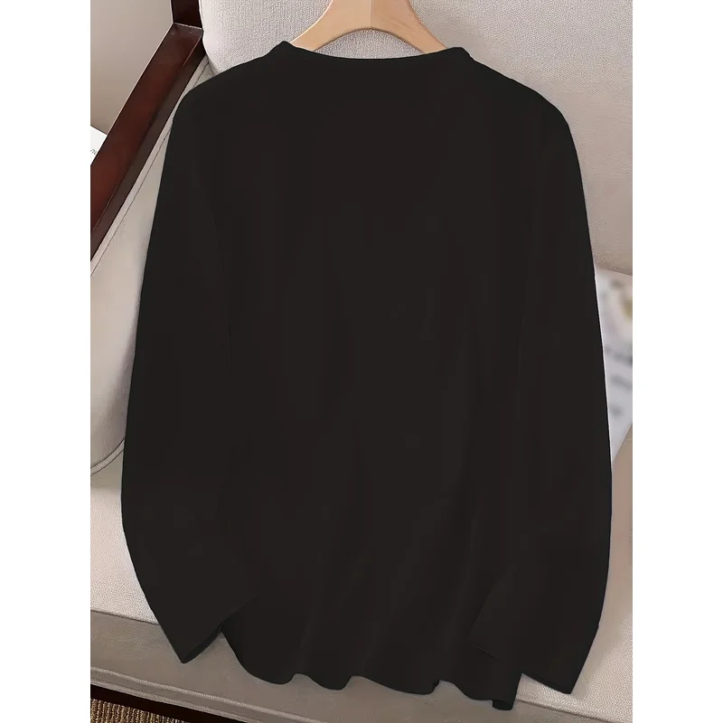 Women's Oversized Long-Sleeve T-Shirt - Black with Heart Design, Relaxed Fit