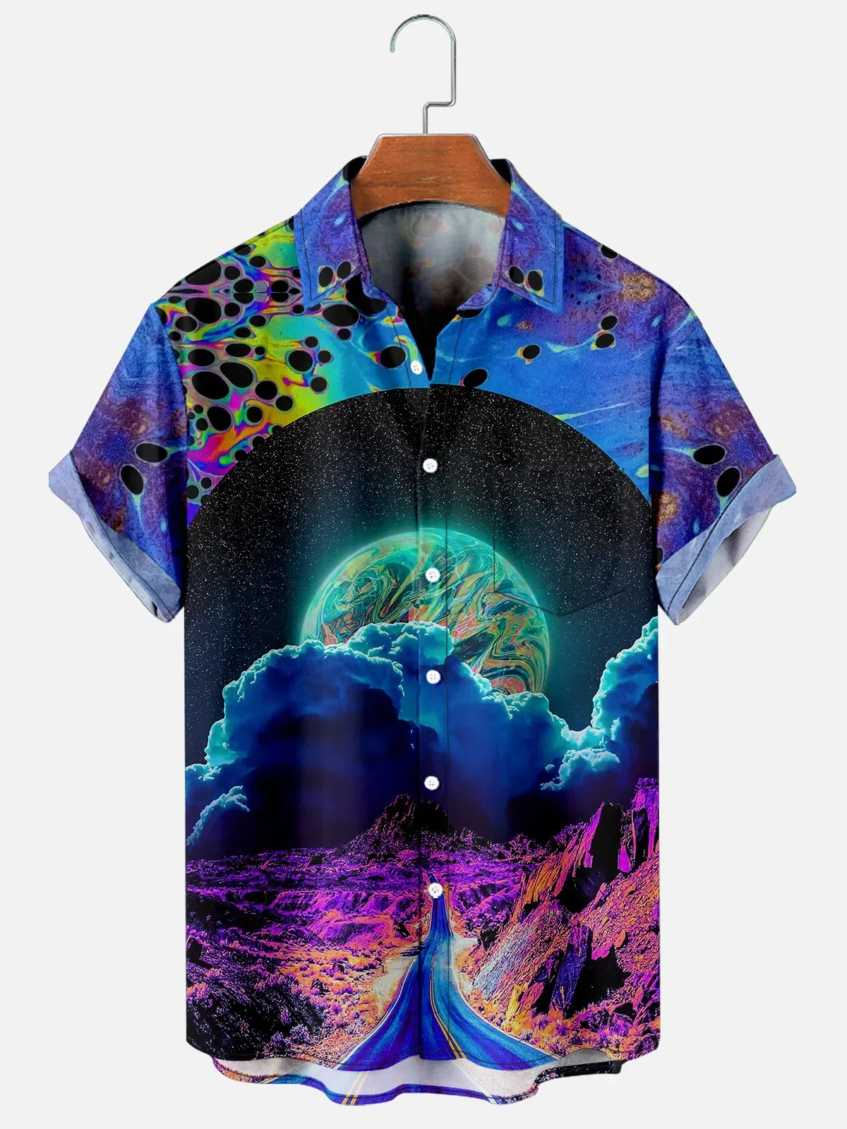 

2024 New Creative Planet Print Men's Shirt Single Button Fashionable and Handsome Large Size Men's Short Sleeve Shirt Top