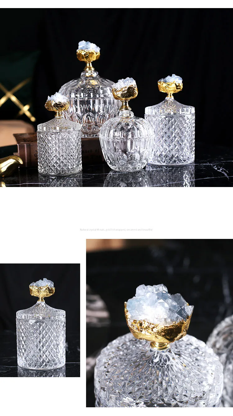 Description Picture 4 of itemNatural Crystal Decorative Glass Jars with Lid Simple Candy Pot Tea Leaf Storage Grain Dispenser Coffee Table Decorations