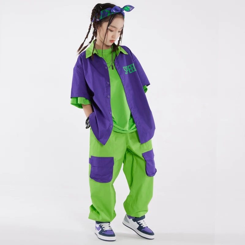 Hip Hop Dance Costume Purple Shirt Coat Green Cargo Pants Girl Boys Jazz Performance Outfit Fashion Kids Clothing BL10632