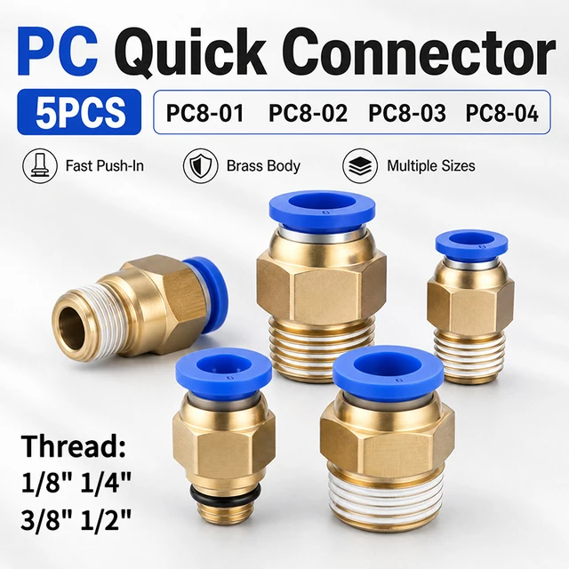 5PCS Quick Connect Air Fittings PC Series - 8mm Hose to 1/8" 1/4" 3/8" 1/2" Thread Pneumatic Push in Connector for Compressor 1