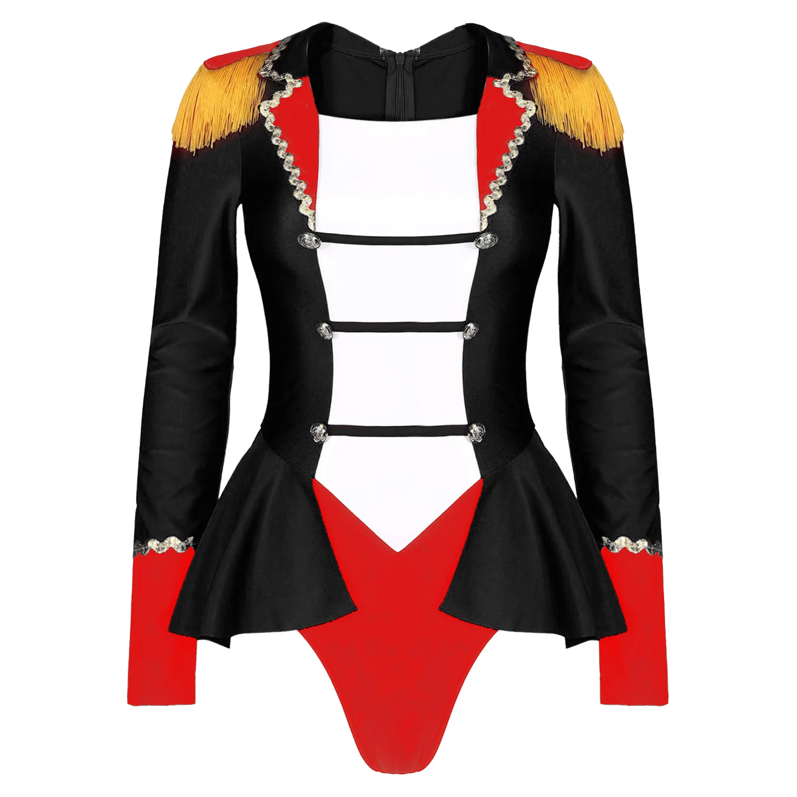 

Womens Circus Ringmaster Role Play Outer Wear Halloween Color Block Patchwork Skirted Bodysuit Long Sleeve Jumpsuit Costume Ball