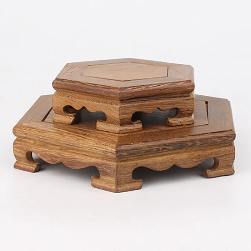 Hexagonal Square Tea Ceremony Cup Pad, Purple Clay Pot Base, Mahogany Solid Wood, Antique Decoration Base